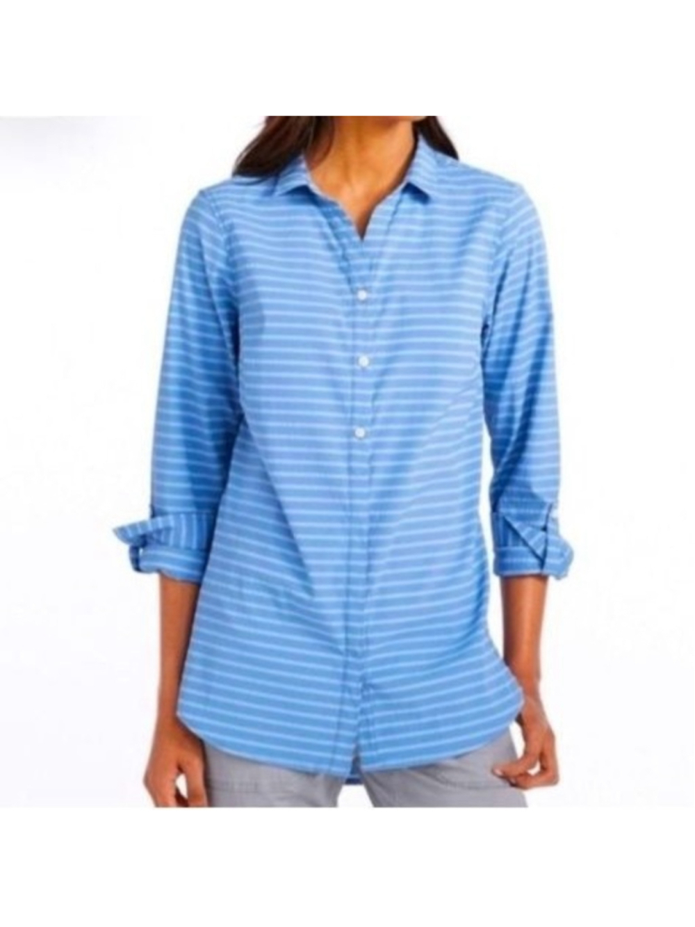 L.L.Bean Blue Striped Roll Tab Sleeve Button Down Shirt Sz L Outdoor Hiking